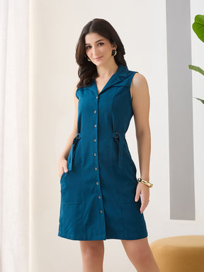 Latin Quarters Women's Teal Solid Sleeveless Collar Neck Casual Shirt Dress