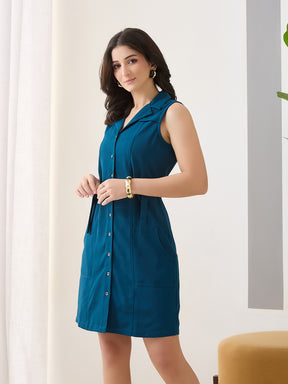 Latin Quarters Women's Teal Solid Sleeveless Collar Neck Casual Shirt Dress
