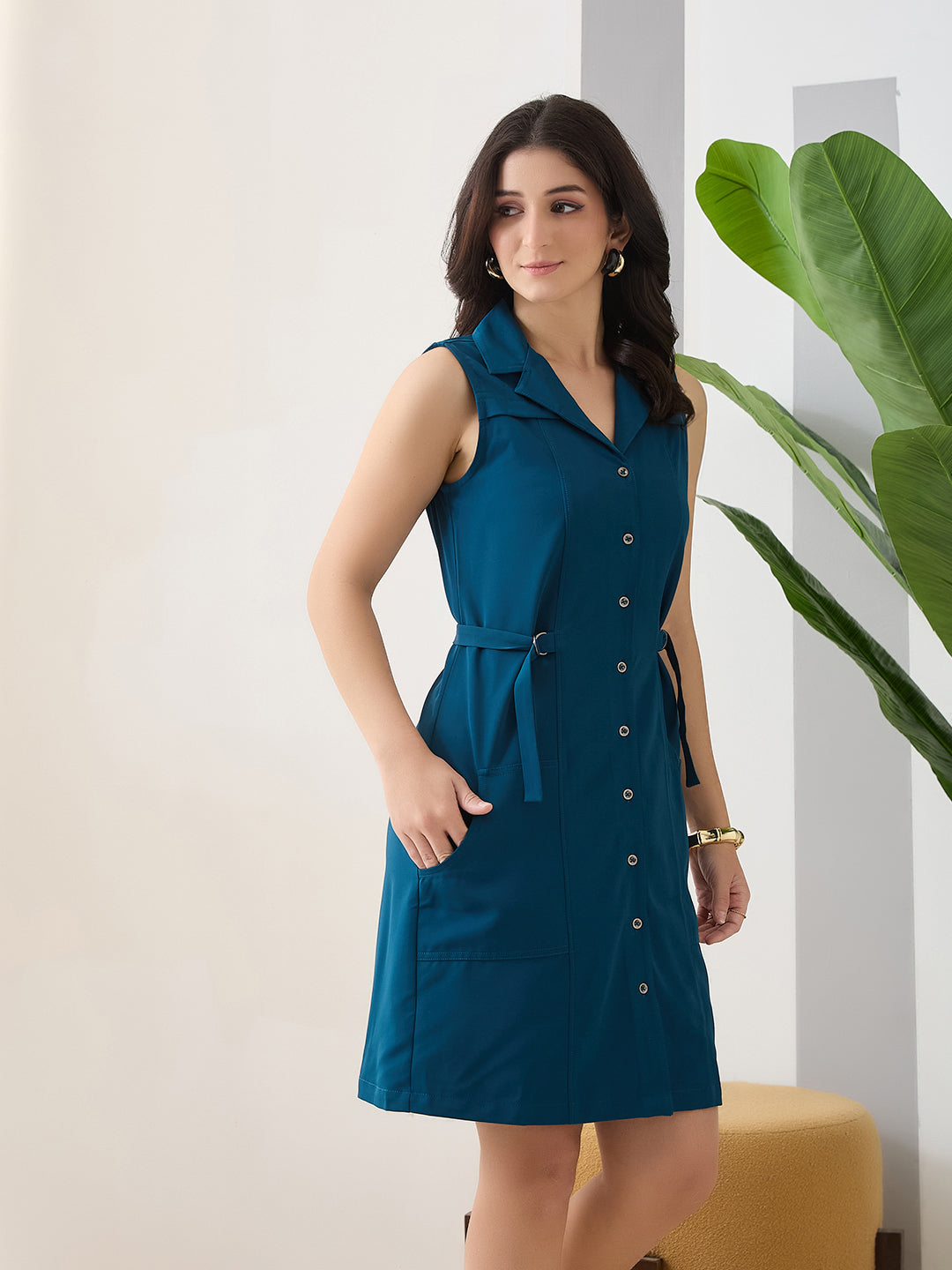 Latin Quarters Women's Teal Solid Sleeveless Collar Neck Casual Shirt Dress