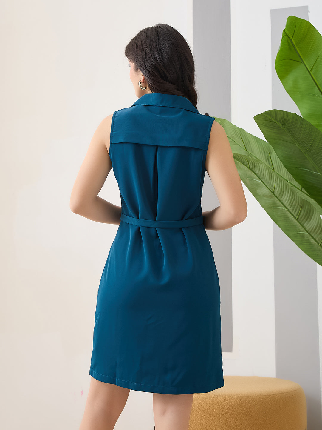 Latin Quarters Women's Teal Solid Sleeveless Collar Neck Casual Shirt Dress