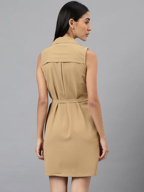 Latin Quarters Women Beige Sleeveless Collar Neck Solid Shirt Dress
