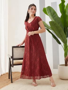 Latin Quarters Women Rust Cap Sleeve V-Neck Casual Fit & Flare Dress