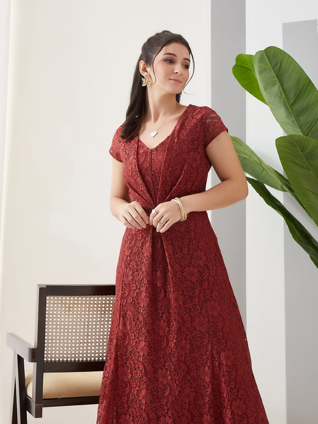Latin Quarters Women Rust Cap Sleeves Party Dress