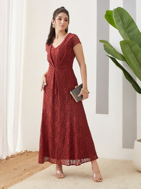 Latin Quarters Women Rust Cap Sleeve V-Neck Casual Fit & Flare Dress