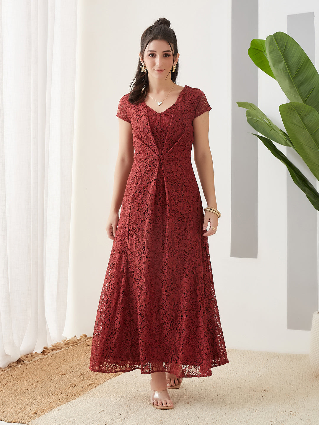Latin Quarters Women Rust Cap Sleeve V-Neck Casual Fit & Flare Dress