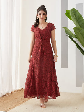 Latin Quarters Women Rust Cap Sleeve V-Neck Casual Fit & Flare Dress