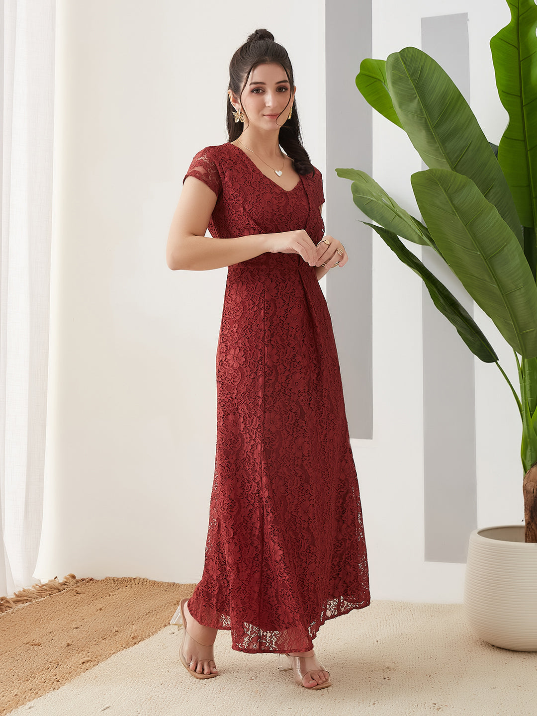 Latin Quarters Women Rust Cap Sleeve V-Neck Casual Fit & Flare Dress