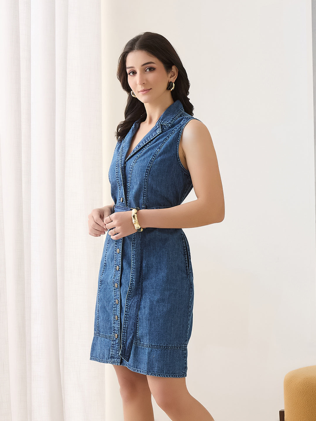 Latin Quarters Women Blue Solid Sleeveless Spread Collar Casual Dress