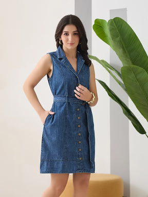 Latin Quarters Women Blue Solid Sleeveless Spread Collar Casual Dress