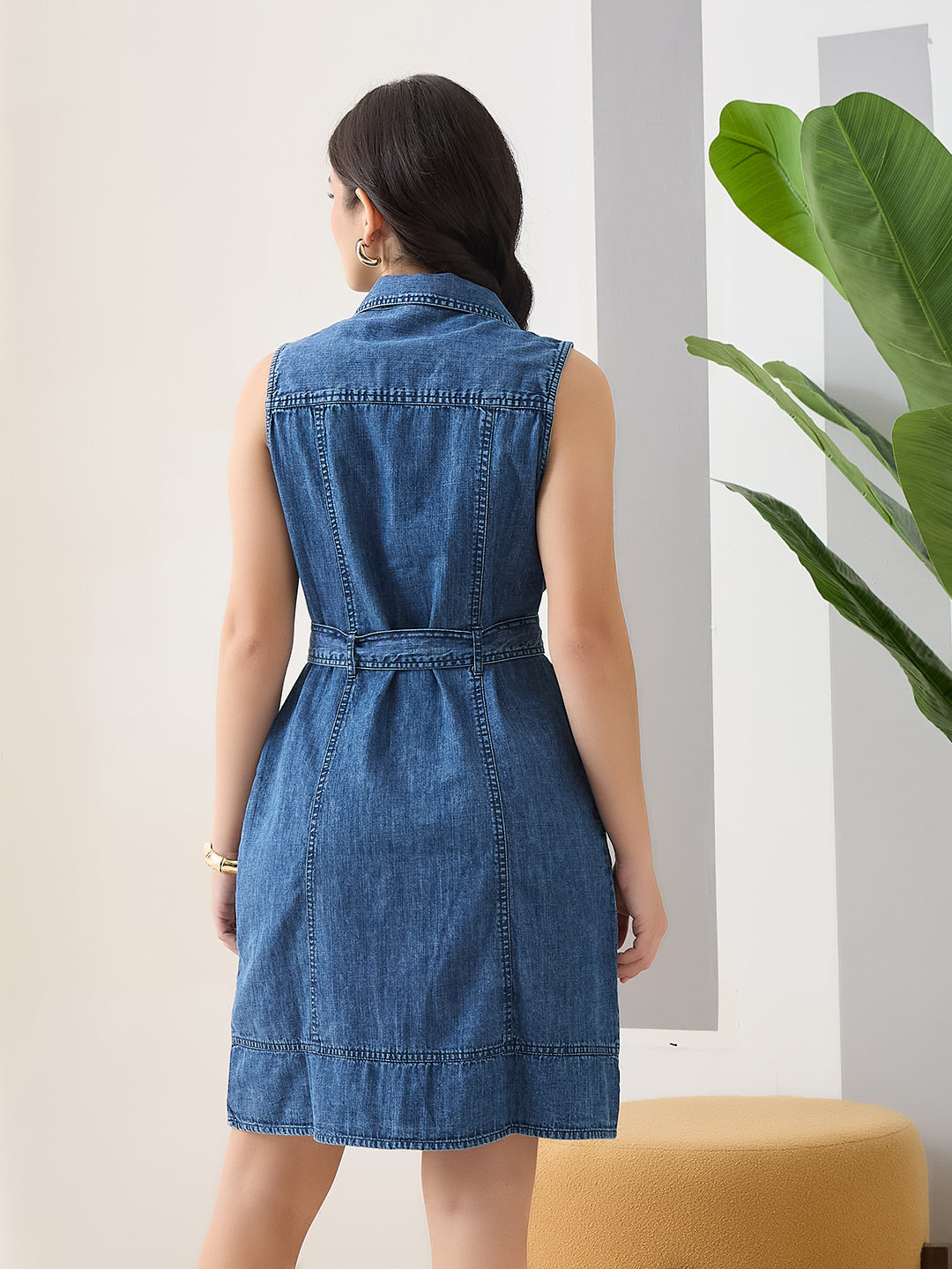 Latin Quarters Women Blue Solid Sleeveless Spread Collar Casual Dress