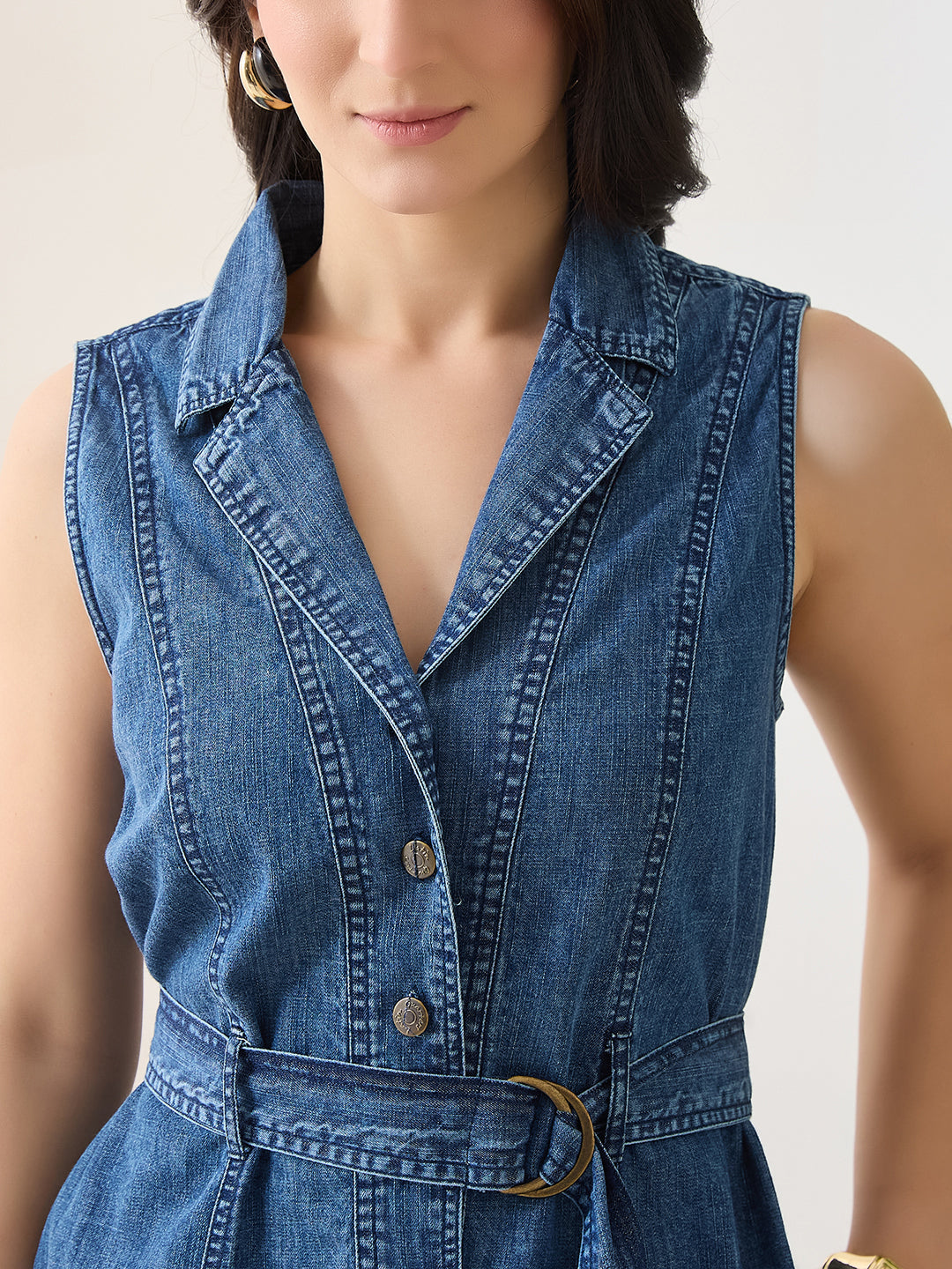 Latin Quarters Women Blue Solid Sleeveless Spread Collar Casual Dress