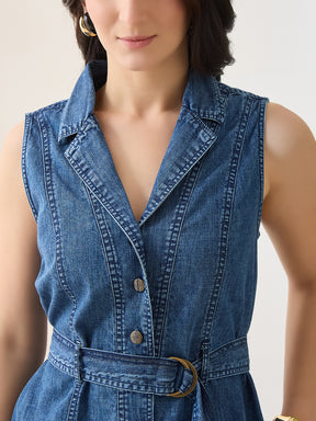 Latin Quarters Women Blue Solid Sleeveless Spread Collar Casual Dress