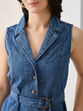 Latin Quarters Women Blue Solid Sleeveless Spread Collar Casual Dress