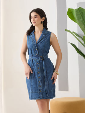 Latin Quarters Women Blue Solid Sleeveless Spread Collar Casual Dress