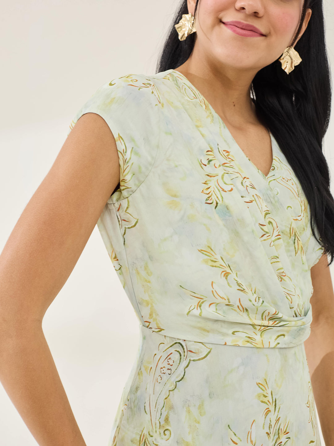 Latin Quarters Women's Green Printed Cap Sleeve V-Neck Casual A-Line Dress