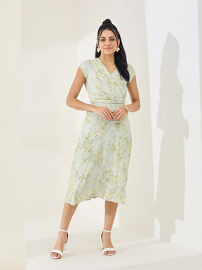 Latin Quarters Women's Green Printed Cap Sleeve V-Neck Casual A-Line Dress