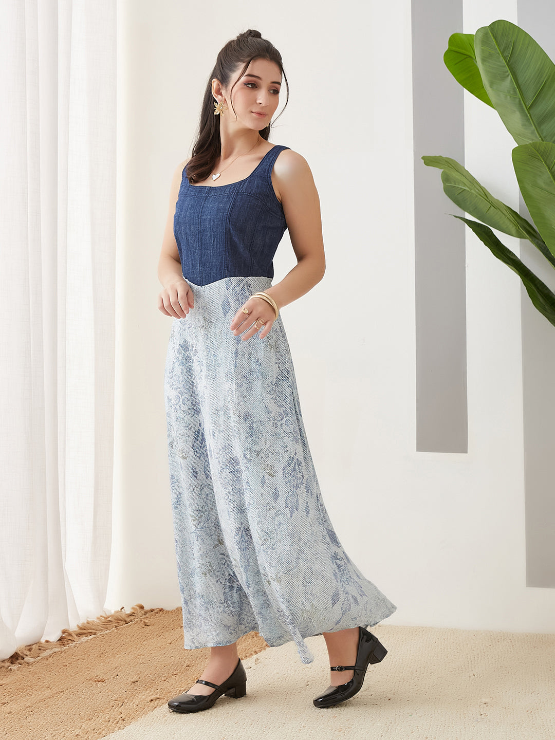 Latin Quarters Women Blue Printed Sleeveless Casual Dress