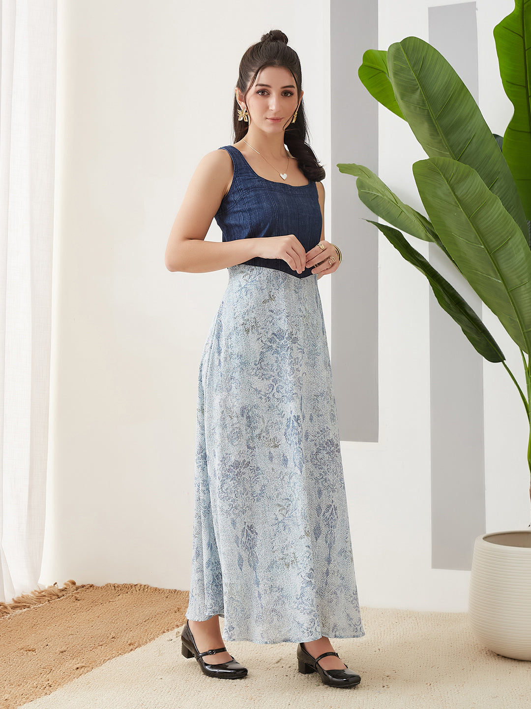 Latin Quarters Women Blue Printed Sleeveless Casual Dress