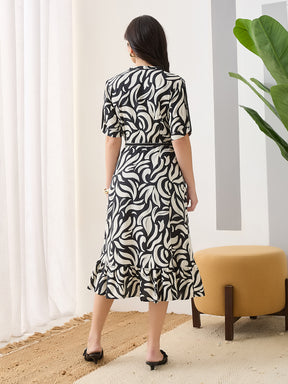 Latin Quarters Women Black Half Sleeves V-Neck Printed Casual Dress