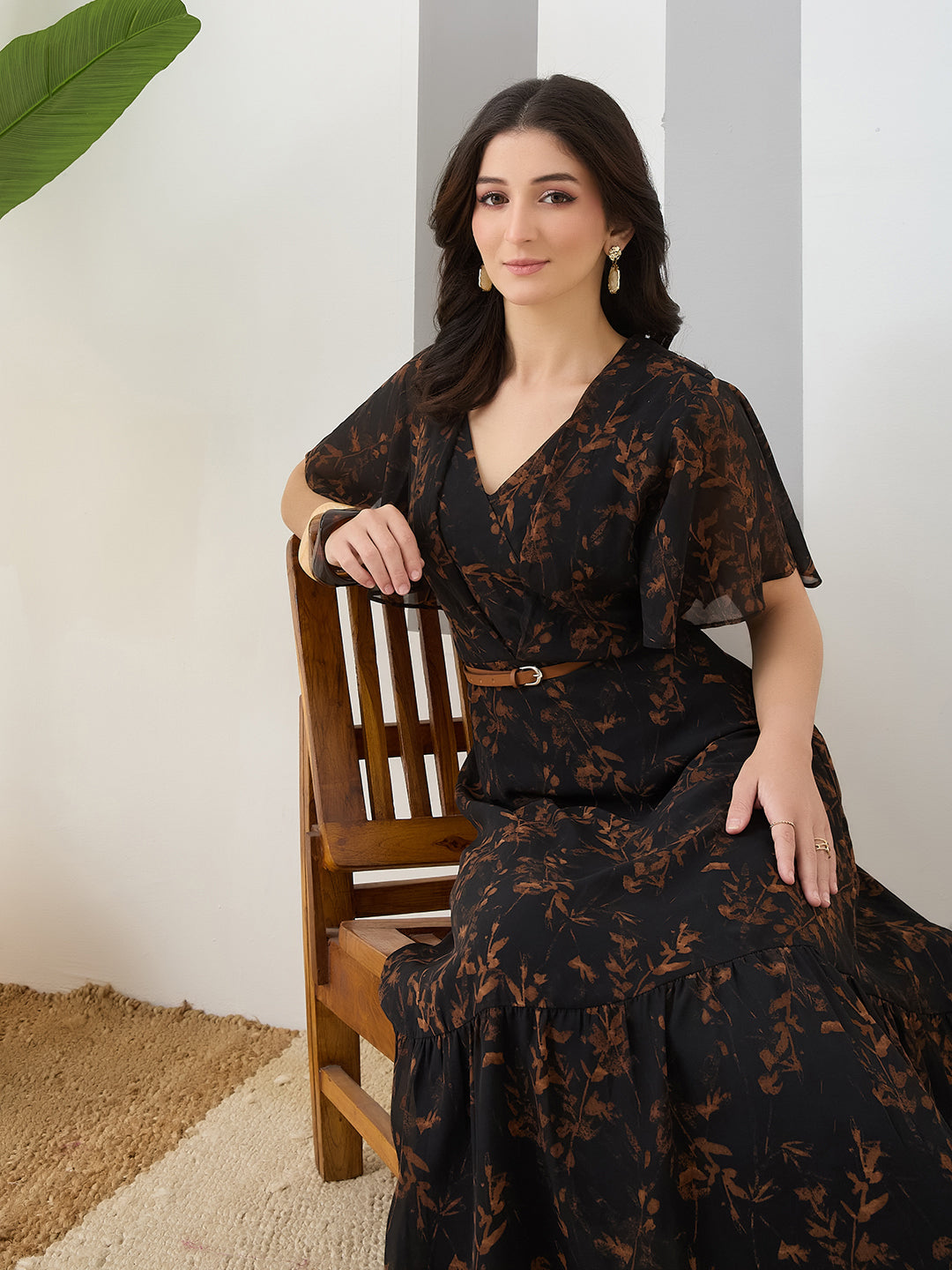 Latin Quarters Women Black Printed Maxi Half Sleeves V-Neck Casual Dress