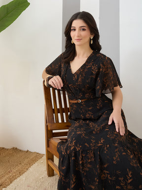 Latin Quarters Women Black Printed Maxi Half Sleeves V-Neck Casual Dress