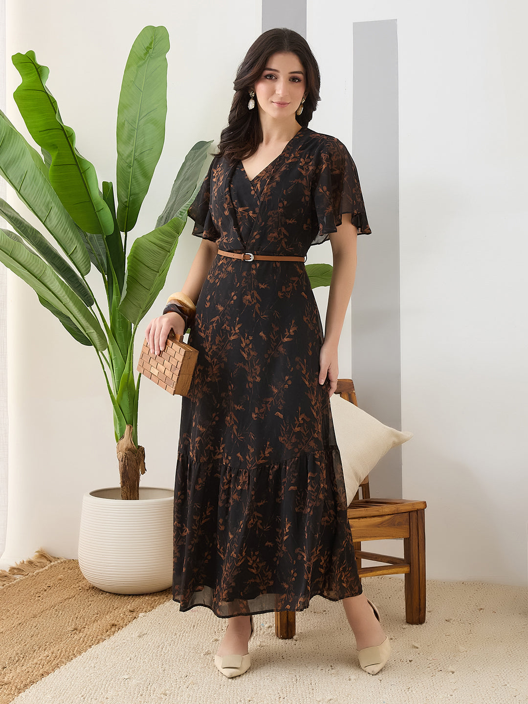 Latin Quarters Women Black Printed Maxi Half Sleeves V-Neck Casual Dress