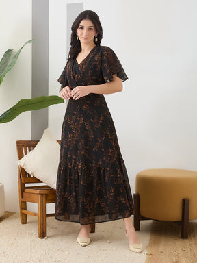 Latin Quarters Women Black Printed Maxi Half Sleeves V-Neck Casual Dress