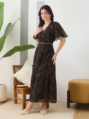 Latin Quarters Women Black Printed Maxi Half Sleeves V-Neck Casual Dress