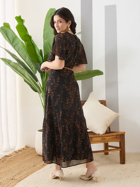 Latin Quarters Women Black Printed Maxi Half Sleeves V-Neck Casual Dress