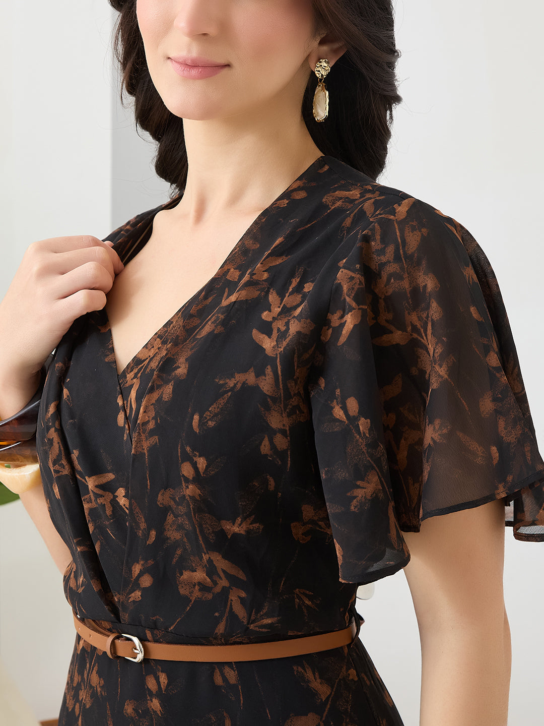 Latin Quarters Women Black Printed Maxi Half Sleeves V-Neck Casual Dress