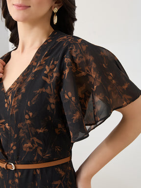 Latin Quarters Women Black Printed Maxi Half Sleeves V-Neck Casual Dress