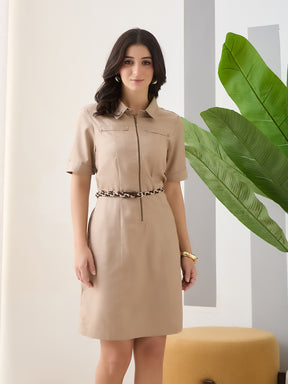 Latin Quarters Women Beige Solid Half Sleeves Collar Neck Casual Dress