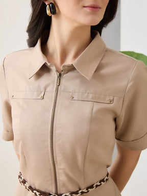 Latin Quarters Women Beige Solid Half Sleeves Collar Neck Casual Dress