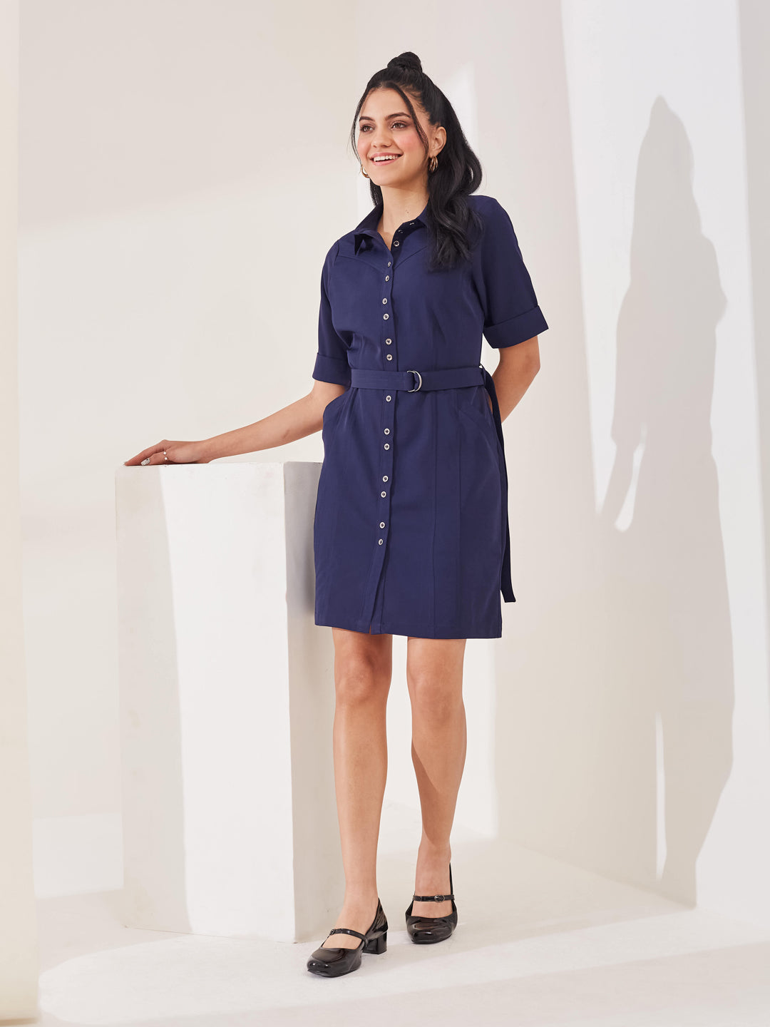 Latin Quarters Women's Blue Solid Half Sleeves Collar Neck Casual Shirt Dress
