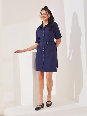 Latin Quarters Women's Blue Solid Half Sleeves Collar Neck Casual Shirt Dress