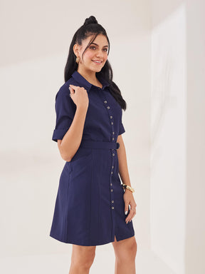Latin Quarters Women's Blue Solid Half Sleeves Collar Neck Casual Shirt Dress