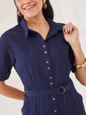 Latin Quarters Women's Blue Solid Half Sleeves Collar Neck Casual Shirt Dress