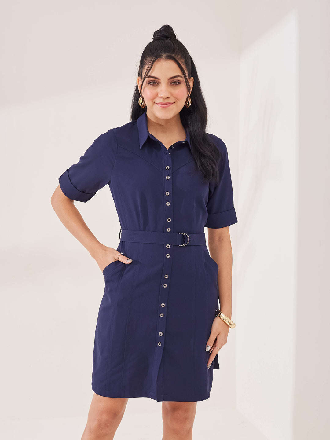 Latin Quarters Women's Blue Solid Half Sleeves Collar Neck Casual Shirt Dress