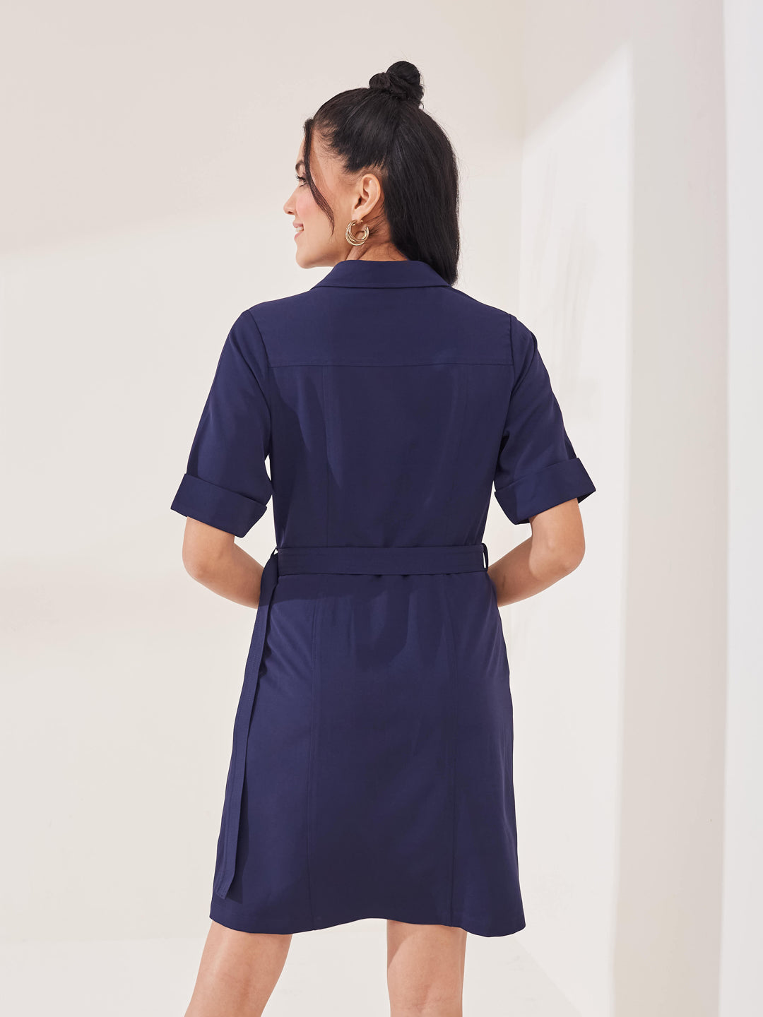 Latin Quarters Women's Blue Solid Half Sleeves Collar Neck Casual Shirt Dress