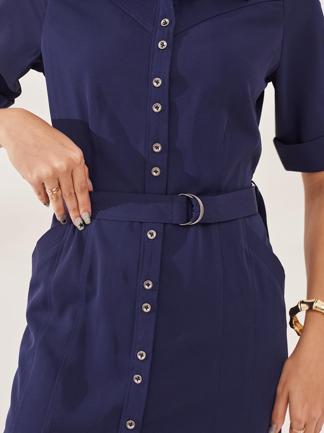 Latin Quarters Women's Blue Solid Half Sleeves Collar Neck Casual Shirt Dress