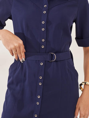 Latin Quarters Women's Blue Solid Half Sleeves Collar Neck Casual Shirt Dress