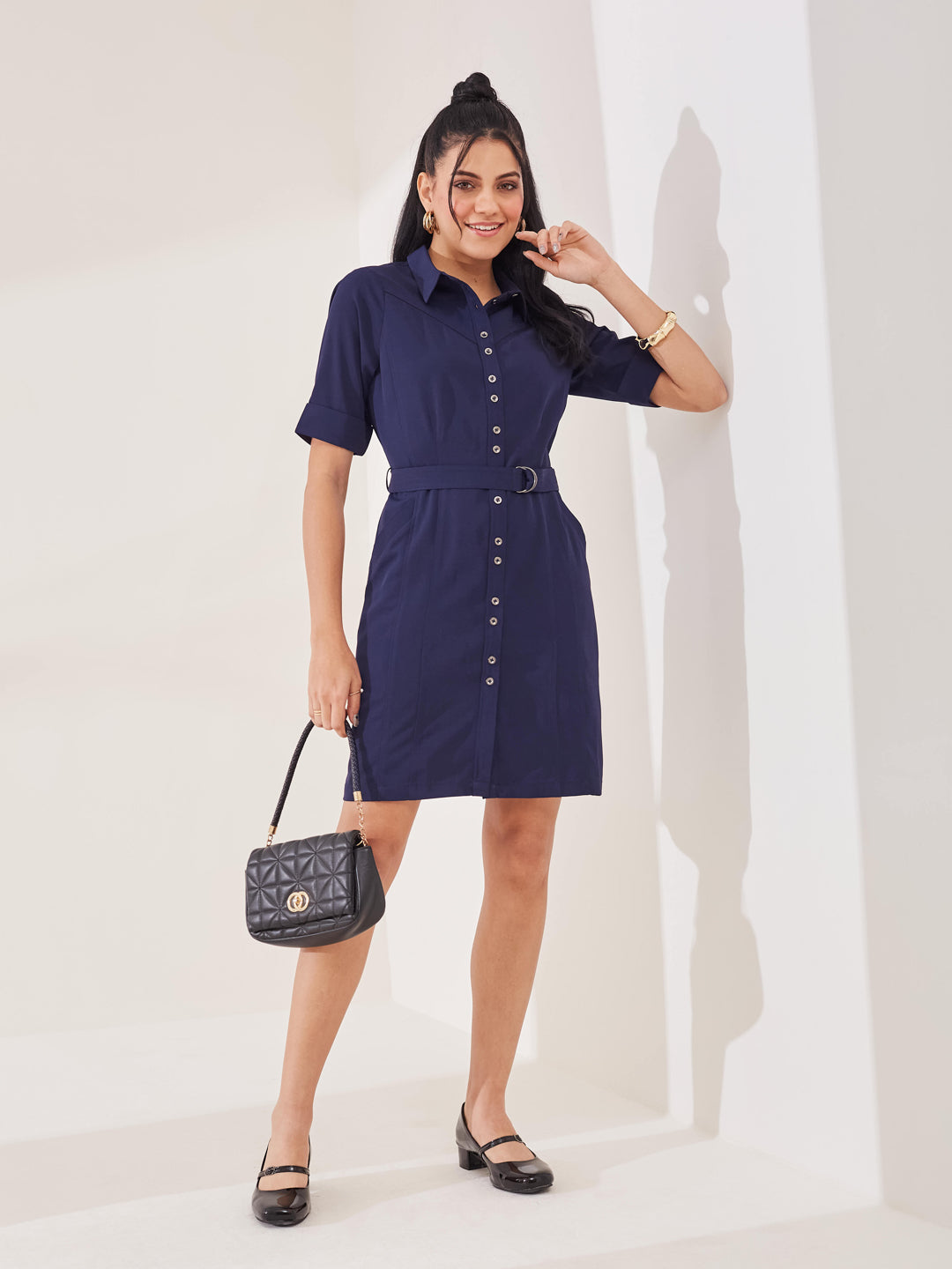 Latin Quarters Women's Blue Solid Half Sleeves Collar Neck Casual Shirt Dress