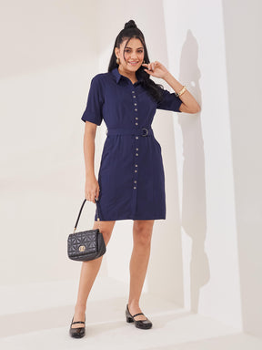 Latin Quarters Women's Blue Solid Half Sleeves Collar Neck Casual Shirt Dress