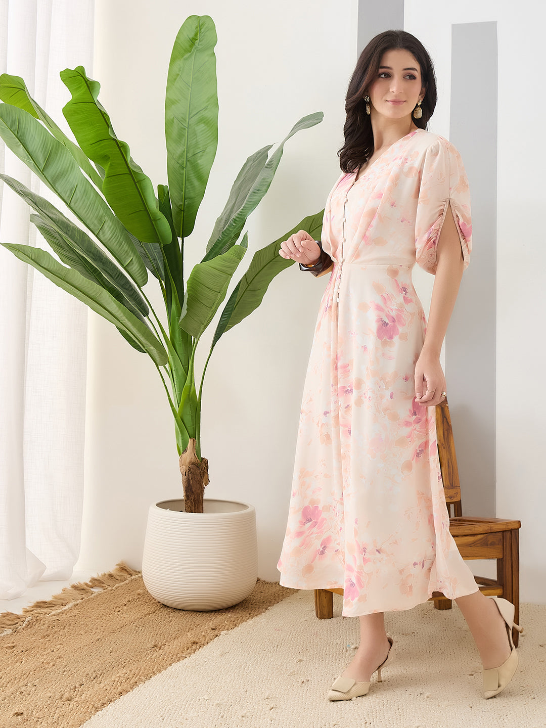 Latin Quarters Women Peach Printed Half Sleeves Casual Dress