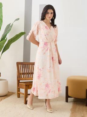 Latin Quarters Women Peach Printed Half Sleeves Casual Dress