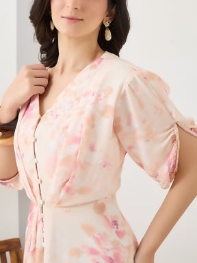 Latin Quarters Women Peach Printed Half Sleeves Casual Dress