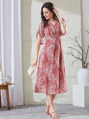 Latin Quarters Women's Pink Printed Half Sleeves V-Neck Casual A-Line Dress