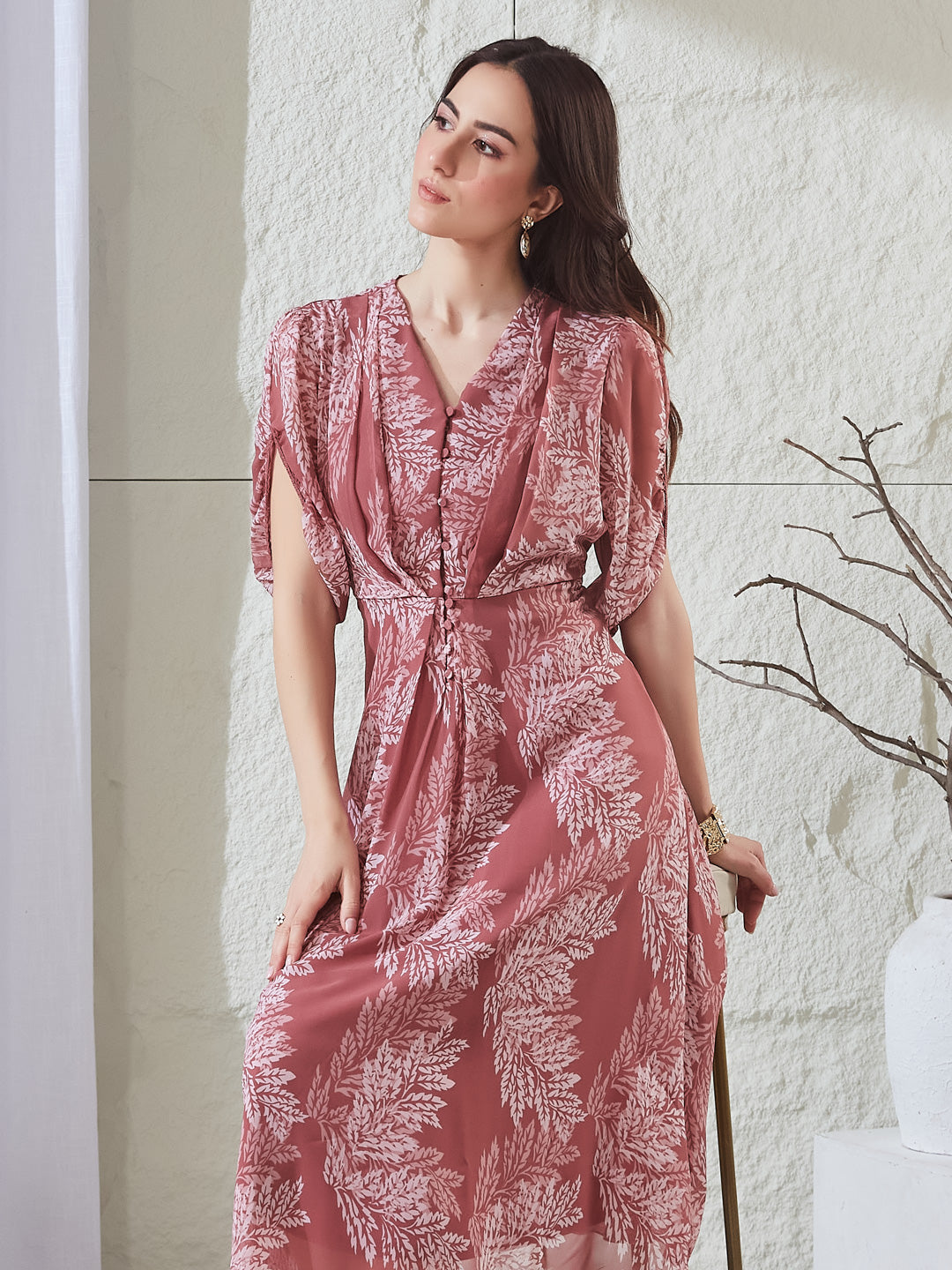 Latin Quarters Women's Pink Printed Half Sleeves V-Neck Casual A-Line Dress