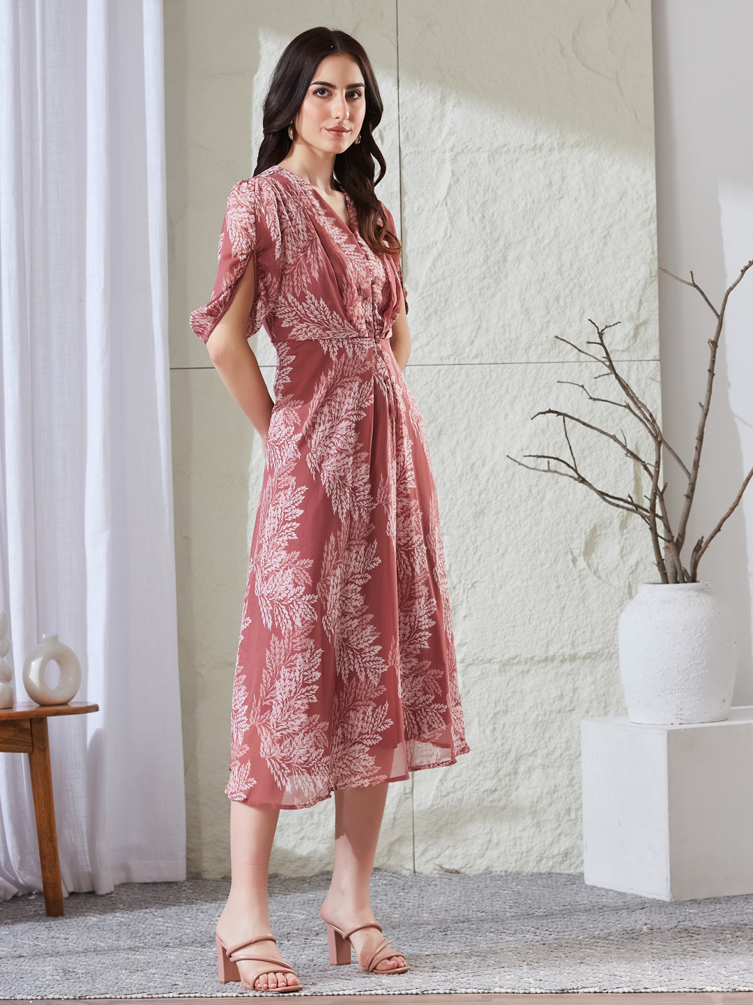 Latin Quarters Women's Pink Printed Half Sleeves V-Neck Casual A-Line Dress