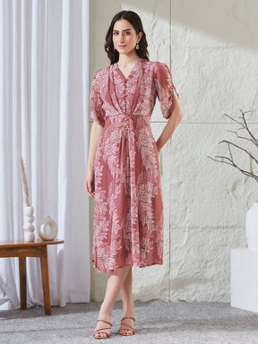 Latin Quarters Women's Pink Printed Half Sleeves V-Neck Casual A-Line Dress